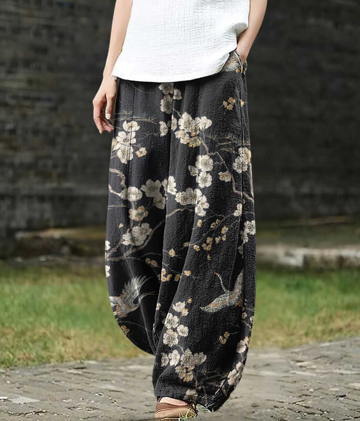 Evie | Crane and Floral Print Wide-Leg Pants