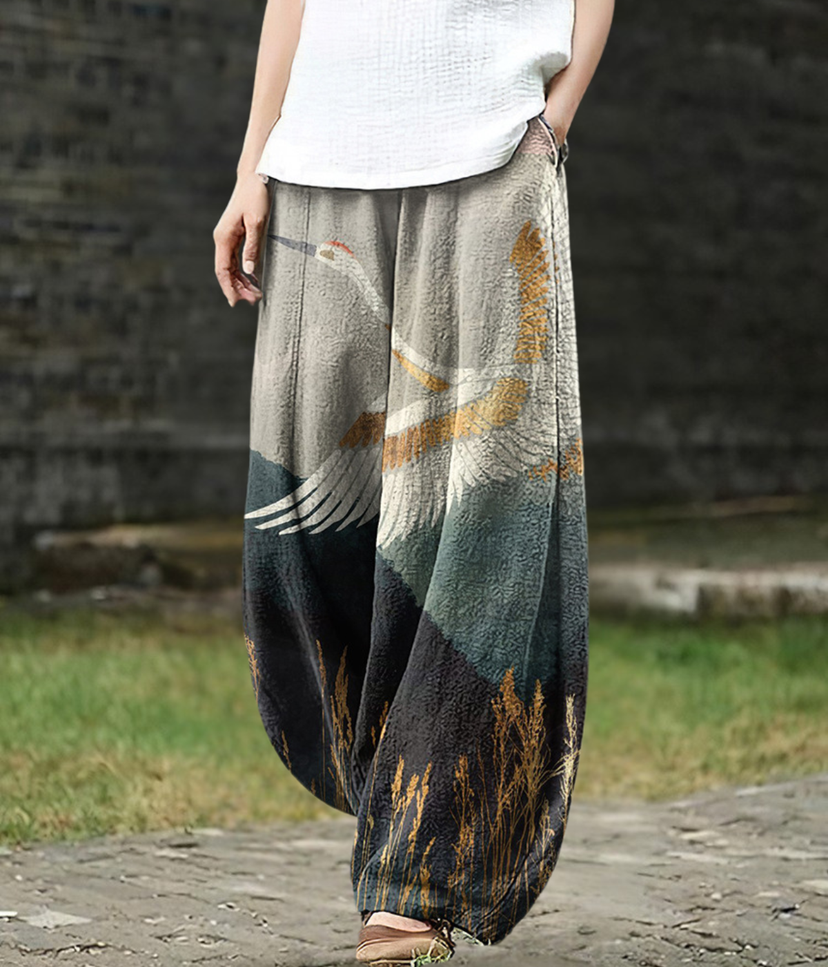 Clara | Crane and Mountain Print Wide-Leg Pants